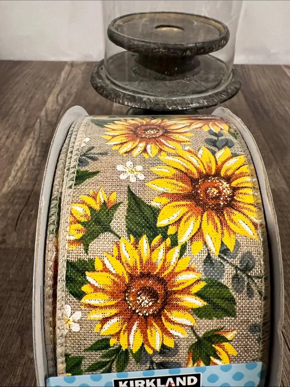 Kirkland Signature Sunflower Decorative Wired Ribbon - Yellow & Green on Natural